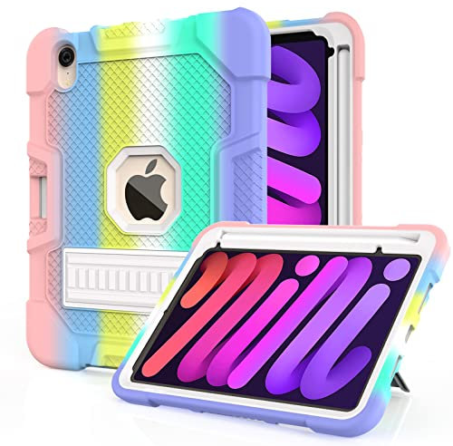 Rantice iPad Mini 6 Case 2021, iPad Mini 7 (A17 Pro) Case 2024, with 2nd Gen Apple Pencil Charging Holder and Kickstand, Hybrid Shockproof Rugged Cover for iPad Mini 6th/7th Gen 8.3 inch (Rainbow)