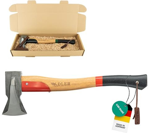 ADLER Spaltbeil inkl. Lederschutz: Robustes Beil zum Holz spalten, Geschmiedetes Holzbeil aus C60-Stahl, Spaltaxt mit 50 cm Hickorystiel, Anti-Rutsch Outdoor-Forstaxt, Rot/schwarz, 1250 g