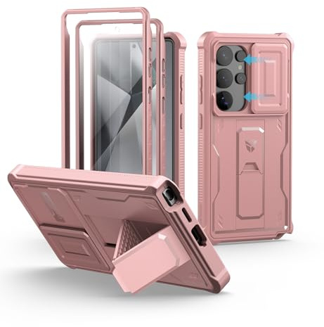 Dexnor Kompatibel mit Samsung Galaxy S25 Ultra Hülle mit Eingebaute Schiebekamera Abdeckung&Displayschutz&Kickstand, Schwerlast Stoßfestes Robustes Ganzkörper Stoßfänger Handyhülle- Pfingstrosenpulver
