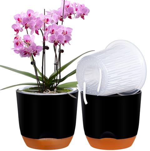 QCQHDU 2Pack orchid pots,5.8In large self watering orchid plant pots indoor, Clear Plastic Pots with Holes and Detachable Water Reservoir(black)