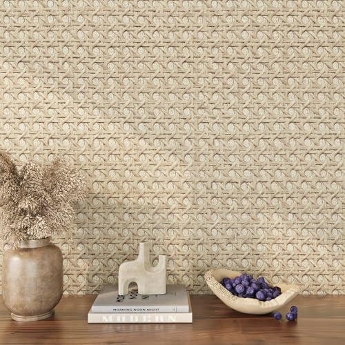 ReWallpaper 40CMx7M Papier Peint Aspect Rotin Beige Vinyle Adhesif Cannage pour Table Ronde Armoire Rouleau Adhesif Decoratif Meuble Chambre Papier Peint Mural Moderne Salon Corridor