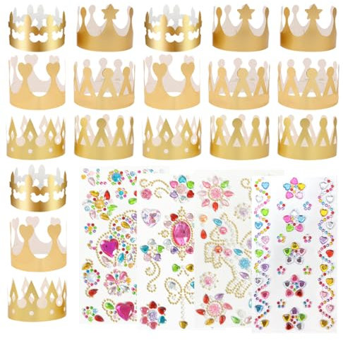 BCHKO 12 Stück Papierkronen, Geburtstagskronen, Kronen basteln Kindergeburtstag mit Schmucksteinen selbstklebend und Aufkleber für Kinder Erwachsene Geburtstag Party (Gold)
