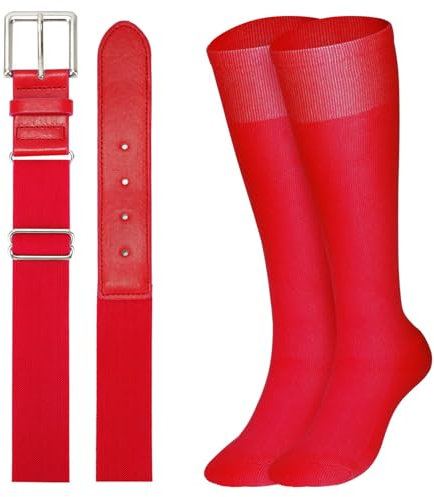 JasGood Baseball Socken und Gürtel Kombi Set Atmungsaktive Herren Sportsocken Kniestrümpfe und Verstellbarer Elastischer Softball Gürtel für Jugendliche Erwachsene Herren Damen,Rot,Jugendliche