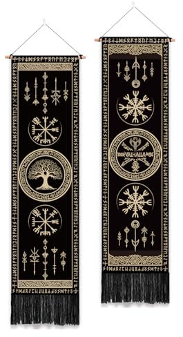 PLIGREAT 2 Stück Wikinger-Symbole Wandteppich mit Quasten, Baum des Lebens, keltische Rune, ästhetischer Wandbehang, vertikaler Heimkunst, Wandteppich für Schlafzimmer, Badezimmer, Wohnzimmer, lang,