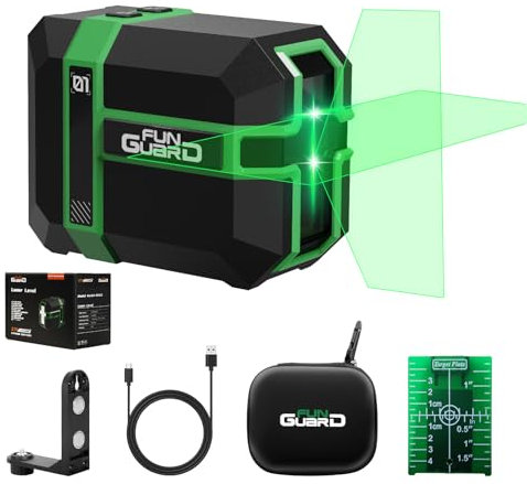Funguard Green Laser Level Type-C Rechargeable Lithium Battery 360° Self Leveling Waterproof Outdoor Cross Line with Pulse Mode, Magnetic Bracket