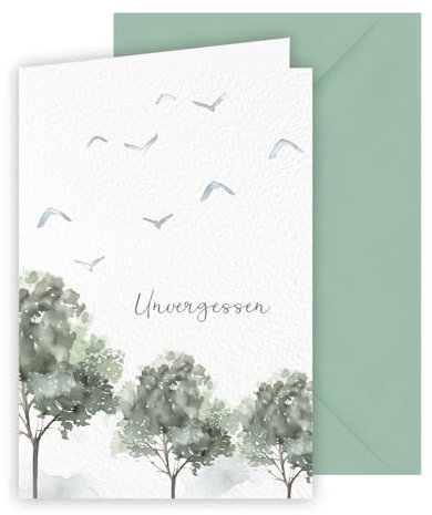 KE - Stilvolle Trauerkarte zur Aufrichtigen Anteilnahme| Traueranzeige | Ohne Innentext | Inklusive Umschlag | Motiv: Bäume und Vögel