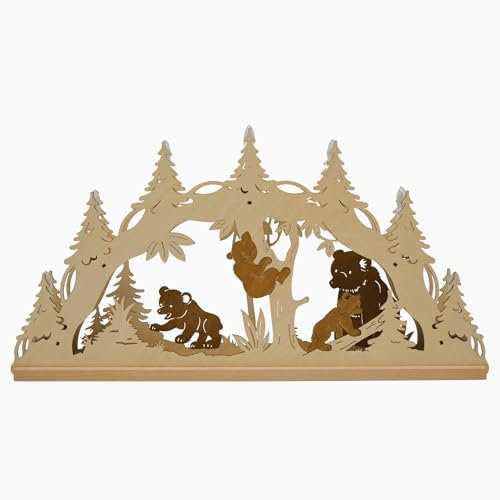 Erzwelt - Lichterbogen ELB – Schwibbogen aus Holz – Leuchtbogen mit 7 Kerzen – Original Erzgebirge Fensterbogen – handgemachte Weihnachtsdeko – Motiv Bären – 32 x 56 x 5 cm