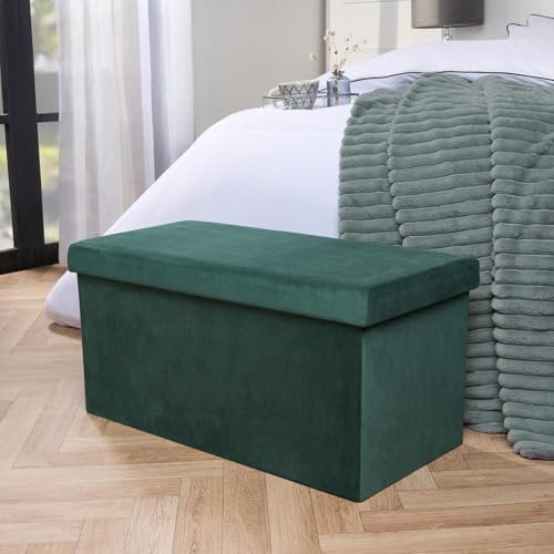 OHS Rectangle Ottoman Storage Box, Forest Green Matte Velvet Padded Foldable Bench with Hidden Storage & Lid Upholstered Footrest For Living Room & Bedroom Space Saving Organising Box