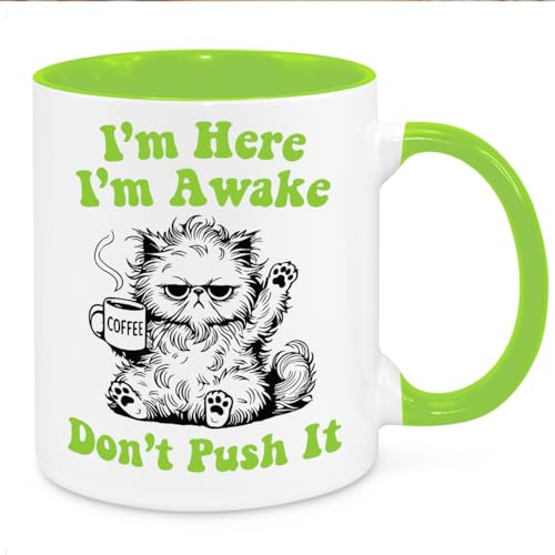 Cherish Charlie Designs I'm Here Mug - Funny Novelty Gift Silly Present Mug Birthday Christmas for Mum Dad Friend Sister Brother Grandparents for Man Woman Secret Santa Work Quotes (Green)