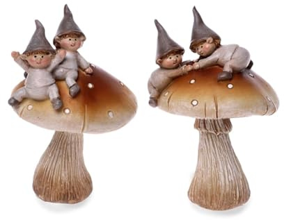 Wichtel Figuren auf Pilz – Set aus 2 Dekofiguren für Garten, Balkon oder Wohnung – Liebevolle Herbst- & Walddeko