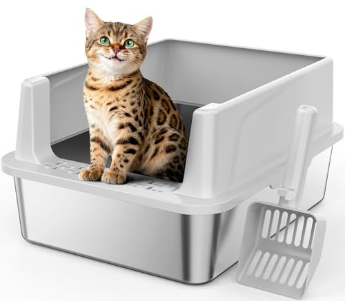 MIXJOY Katzenklo Edelstahl, Katzentoilette Edelstahl 18L Klein für Kätzchen - Offenes Design, Hoher Rand Auslaufsicher, Platzsparend mit Streuschaufel, 44x34x21cm