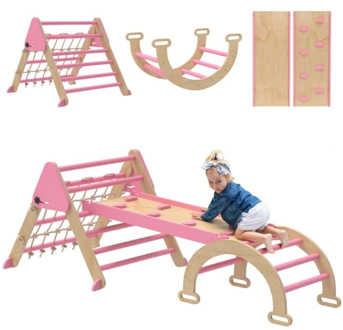 AIYAPLAY 8 en 1 Triangle d'escalade Enfants Rampe Double Face Rose | Arc d'Escalade Bois Peuplier, Toboggan & Échelle, Glisser ou Grimper, Parcours Motricité Enfant 18 à 48 Mois, Charge 50 kg