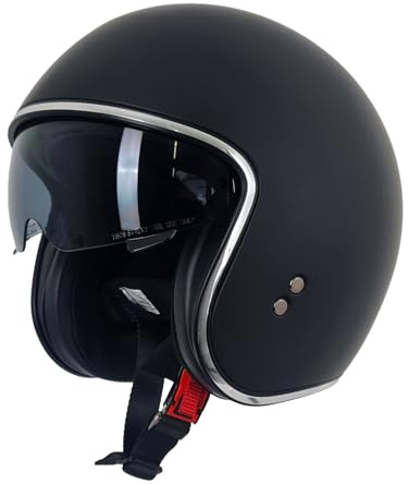 Stealth Motorcycle Open Face Helmet Matt Black – Classic Scooter & Motorbike Helmet with Drop Down Sun Visor – ABS Shell, Micrometric Fastening – ECE 22.06 Approved