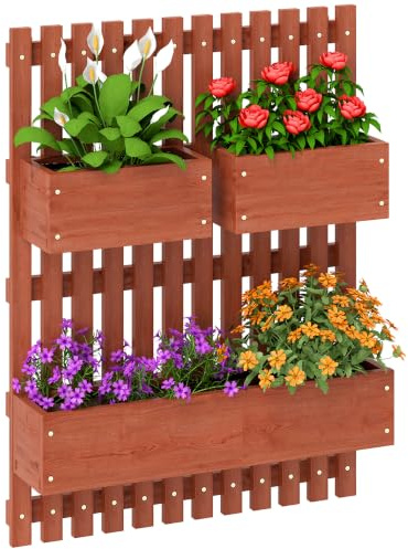 Outsunny Fioriera Verticale a Doghe Esterno 3 Vasi 60x16x80cm Marrone | Vasi Rimovibili, Fori di Drenaggio, Orto Rialzato, Montaggio a Parete, Legno di Abete, per Piante, Fiori e Verdure
