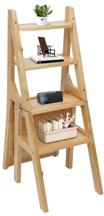 Escabeau pliable à 4 marches - En bois - Charge maximale : 100 kg - 2 en 1 - Idéal pour la maison, la cuisine - Couleur bois