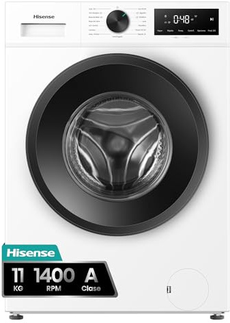Hisense WF1I1142BWL - Lavadora 11 Kg, 1400 rpm, Clase A, Fondo 59cm, Lav. Power 49’ y Rápidos 30' y 15', Dispensador Automix, Lavado Auto Wash, Antiarrugas, iFit™ Fondo Optimizado, Vapor 99,9%, Blanco