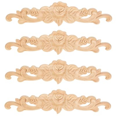 MUXSAM 4pcs Embellishments for Crafting Furniture Wood Carved Mouldings 20 * 5cm Decal Applique Long Onlay Unpainted Rose Flower Door Home Decor Sculptures