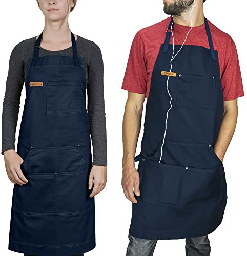 Chef Pomodoro Delantal Cocina Hombre y Mujer con Bolsillos - Mandiles de Cocina Recomendados por Chefs - Delantal Barbacoa 100% algodón con Tiras Ajustables para el Cuello (Azul Marino)