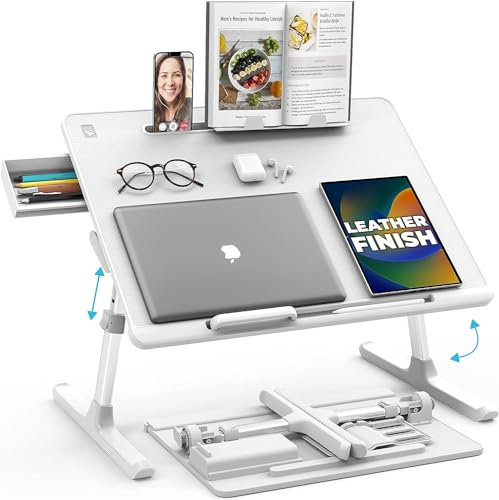 Cooper DeskPRO XL 23.6 Ergonomic Adjustable Laptop Bed Desk, Laptop Bed Table | Tray for Eating, Computer, Writing, Floor, Couch | Large Lap Desk for Adults | Leather, Drawer, Book Stand (White)