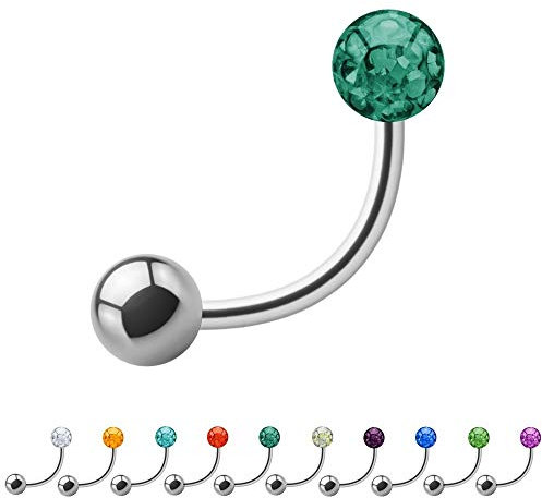 Treuheld® | 1.2mm x 16mm Piercing Banane Silber | 3mm Kristall Kugel + 3mm Stahl Piercingkugel | Dunkel-Grün | Chirurgenstahl | Nabel, Intim