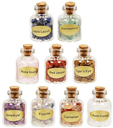 Nupuyai 9 Mini Gemstone Wishing Bottles, Reiki Healing Energy Chip Crystal Wicca Stones Set Collection Kit