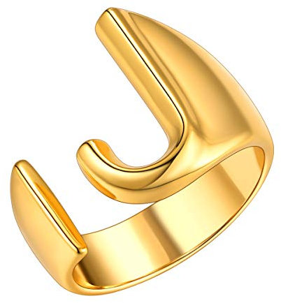 FOCALOOK Damen Party Ring 18k vergoldet Buchstabe J Offener Ring verstellbarer Knöchelring Fingerring mit Initiale goldfarben Modeschmuck Accessoire für Frauen Mädchen
