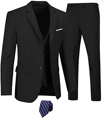 Furuyal Herren-Anzug-Set, 3-teilig, schmale Passform, Zwei Knöpfe, für Hochzeit, Business, Smoking, Jacke, Weste, Hose mit Krawatte