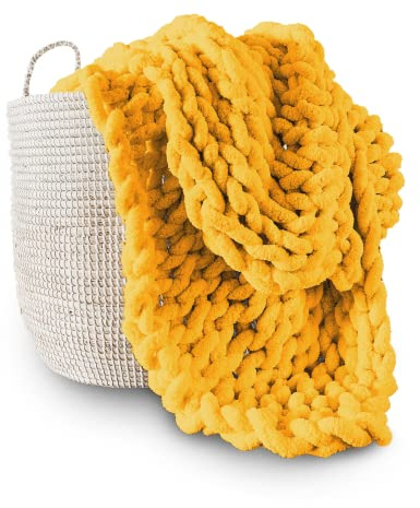 Adyrescia Grobstrick-Decke, Überwurf, 100% handgestrickt mit Jumbo-Chenille-Garn (101,6 x 127 cm, Erntegelb)