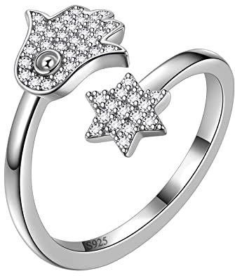Aurora Tears Hamsa Fatima Hand and Star of David Adjustable Rings 925 Sterling Silver Stars and Hand Open Ring Jewelry Gifts for Men and Women DR0126W
