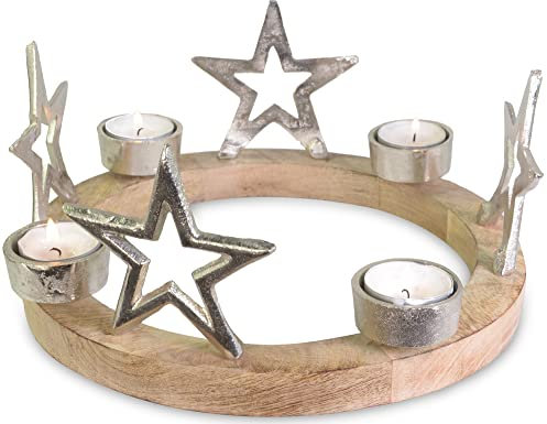 Riffelmacher & Weinberger Adventskranz mit Sternen für Teelichter Ø 25 cm 75219 | Silber - Adventsdeko Holzkranz Weihnachtsdeko Weihnachten
