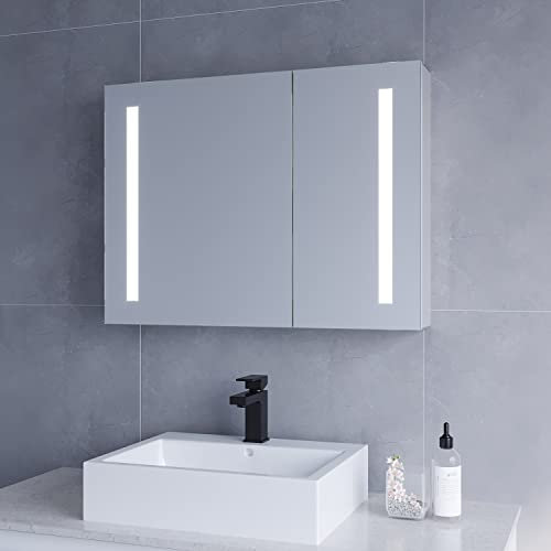 Badezimmerschrank mit Spiegel Steckdose 80 x 60 x 13 cm (B x H x T) Aluminium Badezimmer Spiegelschrank mit LED Beleuchtung Infrarot IR Sensor dimmbar Beschlagfrei Antibeschlag Kaltweiß Licht
