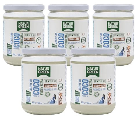 NATURGREEN Aceite de Coco Bio, Virgen Extra, Ideal para Cocinar, Hidrata Piel y Cabello, Ingredientes Naturales, Apto para Veganos, 430 ml/ 400 Gramos (5 unidades)