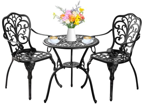 Withniture Juego de 2 mesas y sillas de bistró para exteriores, juego de bistró de aluminio fundido con agujero para sombrilla, juego de patio para jardín, color negro