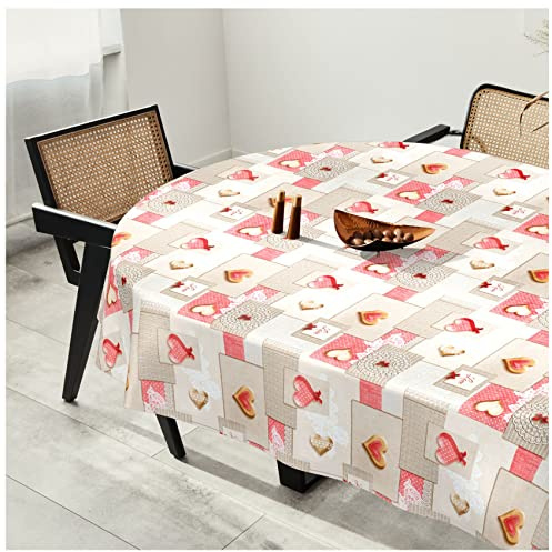 Wachstuchtischdecke Wachstuch Tischdecke abwaschbar Wachstischdecke Plastik-Tischdecken Glatt Oval 140x280cm Schnittkante Patchwork Herz Rosa Grau
