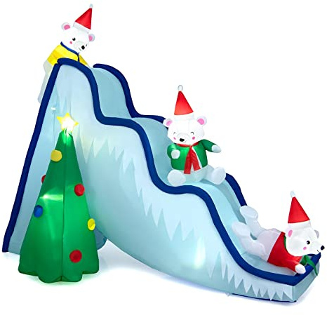 GYMAX 220 cm Scivolo Gonfiabile di Natale, Illuminato con Luci LED, Iceberg, Albero Natale Gonfiabile e 3 Orsi Bianchi Inclusi, Accessori Fissaggio Completi, Cavo Alimentazione di 290 cm