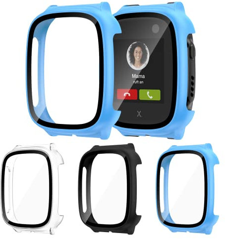 Kamita [3Stück] Hülle Kompatibel mit XPLORA X5 Play Schutzhülle mit Displayschutz aus Gehärtetem Glas, Rundum Hart PC Bumper Case Stoßfest Schutz Gehäuse für Xplora X5 Kinder Uhr (Klar+Schwarz+Blau)