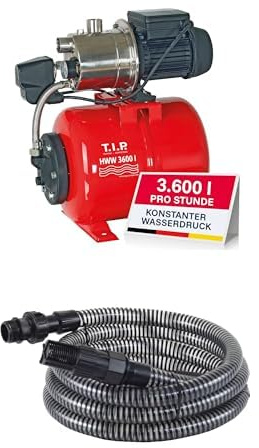 .I.P. 31188 Hauswasserwerk HWW 3600 I Fördermenge max. 3.600 l/h, Förderhöhe max., Druck max. 40 m / 4,0 bar, 650 Watt, 18 l Stahl-Druckkessel + T.I.P. Saugschlauch - Ansaugschlauchgarnitur 4 m
