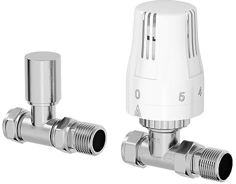 DuraTherm® Thermostatic Radiator Valve Pack Set, 15mm Lockshield TRV & Thermostat, White Valves for Radiators, Straight