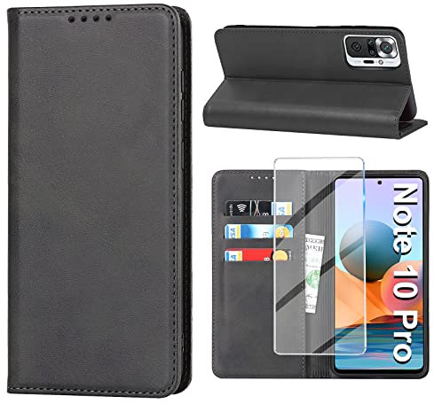 Vaki Handyhülle für Xiaomi Redmi Note 10 Pro/Note 10 Pro Max, Schutzhülle mit Panzerglas, Leder Wallet mit Kartenfach, Standfunktion, Klapphülle, Schwarz