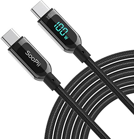 SOOPII Cable USB C Carga Rápida Nylon Trenzado, Cable USB Tipo C con pantalla LED para lPhone 15/15 Pro/15 Plus/15 Pro Max,lPad Air, MacBook Pro,Galaxy S23/S22 (3M, Negro)