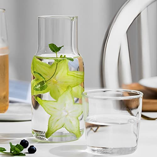 Water Carafe and Glass Set, 500ML/600ML Glass Water Bottle, Nightstand V-Shaped Spout Carafe Pitcher with Tumbler Glass, Clear Mouthwash Decanter for Bathroom(Transparent)