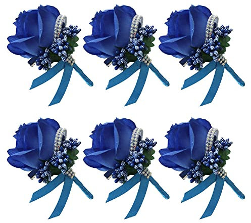 Uposao 6 Stück Hochzeit Braut Blumen Anstecker,Handgefertigte Rose Bräutigam Boutonniere Hochzeitsbrosche Blumenstrauß Korsage künstliche Blumen für Party Prom Männer Anzug Dekoration,Dunkelblau