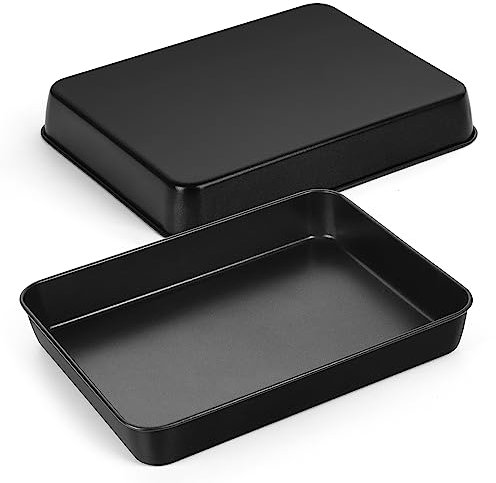 HaWare Small Oven Tray Set of 2, Non-Stick Stainless Steel Baking Sheet Pan, Rectangle Deep Cake Tin for Roasting Baking Serving, 26.5x20.5x5cm, Healthy & Non-Toxic, Rust Resistant (Black)