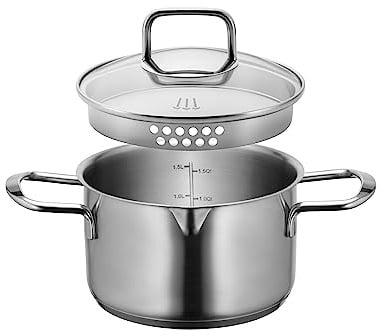 MÄSER Sanvito, Kochtopf 16 cm mit Glasdeckel und praktischem Ausgießer, kleiner Edelstahl Topf mit Siebdeckel und Literskala, geeignet für Induktion, Edelstahl 18/10