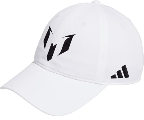 adidas Messi Dad Cap - Gesticktes Messi-Logo, Baumwoll-Twill, vorgekrümmte Krempe, verstellbarer Rückengurt, absorbierendes Schweißband, Weiß/Schwarz, Einheitsgr��e