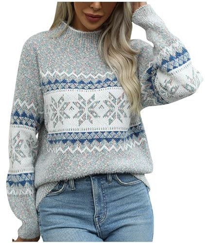AMhomely Jumpers Women Sweater Autumn Casual Long Sleeve Knitted Top Snowflake Knitted Casual Pullover Tops Crewneck Loose Fit Sweater Thermal Cable Knit Jumpers Christmas Holiday Knitwear Grey XL