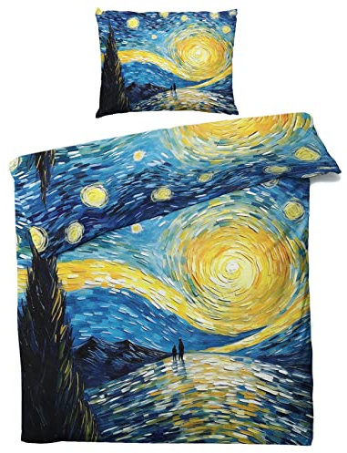 QEODAH Winter Bettwäsche 135x200 Van Gogh Sternennacht - ölgemälde Bettbezug 135 x 200 2er Set - Wendebettwäsche & Kissenbezug - Weiche Mikrofaser Bettwäsche-Sets mit Reißverschluss