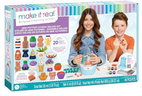 Make It Real: Mini Pottery Studio Deluxe Set - 46 pcs DIY Pottery Kit, Mess Free Air Dry Clay, 20 Projects, Tweens, Girls & Kids Ages 8+