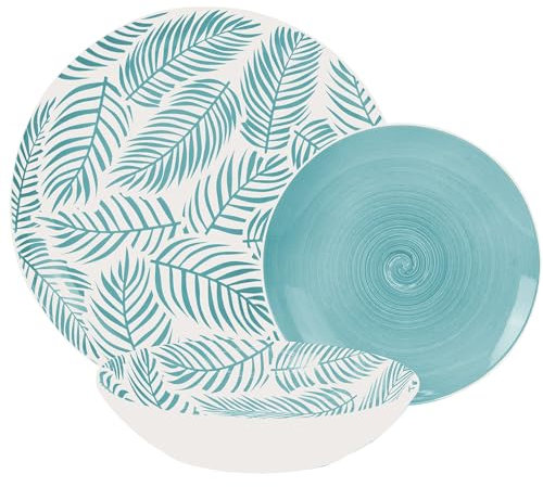 Vajilla de 18 piezas de porcelana con hojas en azul 27x27x4 cm apto lavavajillas y microondas