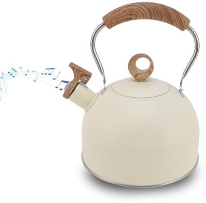 Théière sifflante en acier inoxydable de 2,5 litres avec poignée, grande capacité, convient pour cuisinière électrique, cuisinière à gaz (beige)